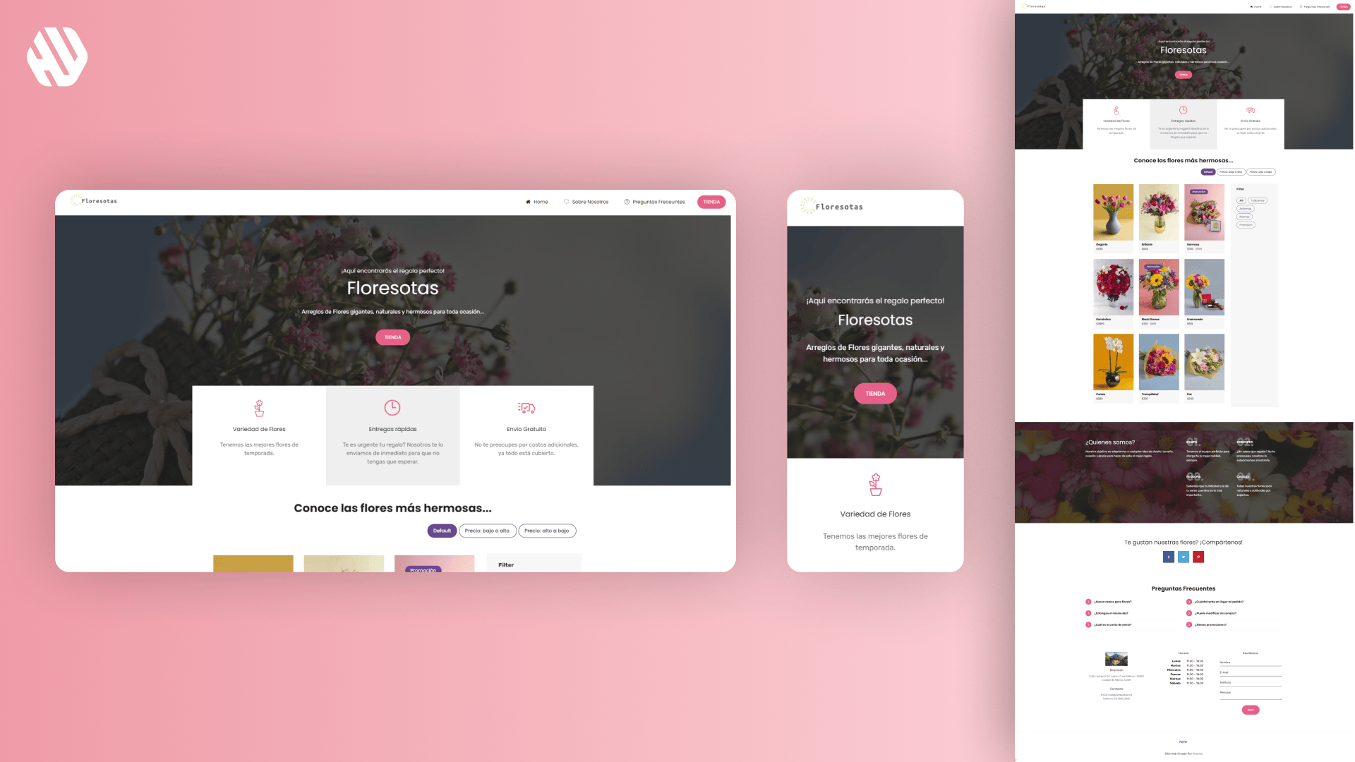 Floresotas brand website interface showing homepage and product pages with pink color scheme.